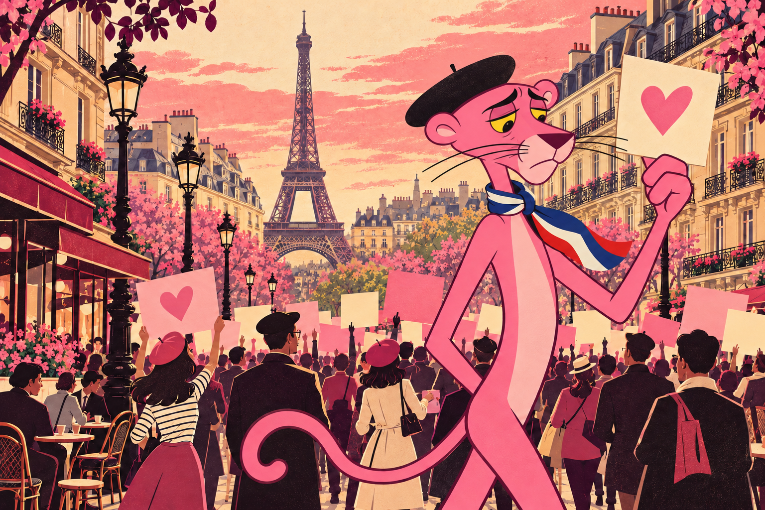 Illustration of a sad, reflective Pink Panther in a beret and tricolor scarf among a peaceful Paris crowd