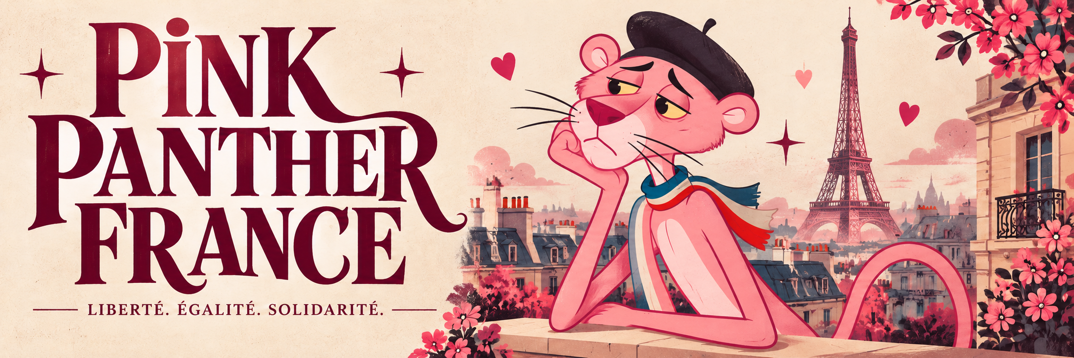 Pink Panther France banner featuring Paris and the words Liberté Égalité Solidarité